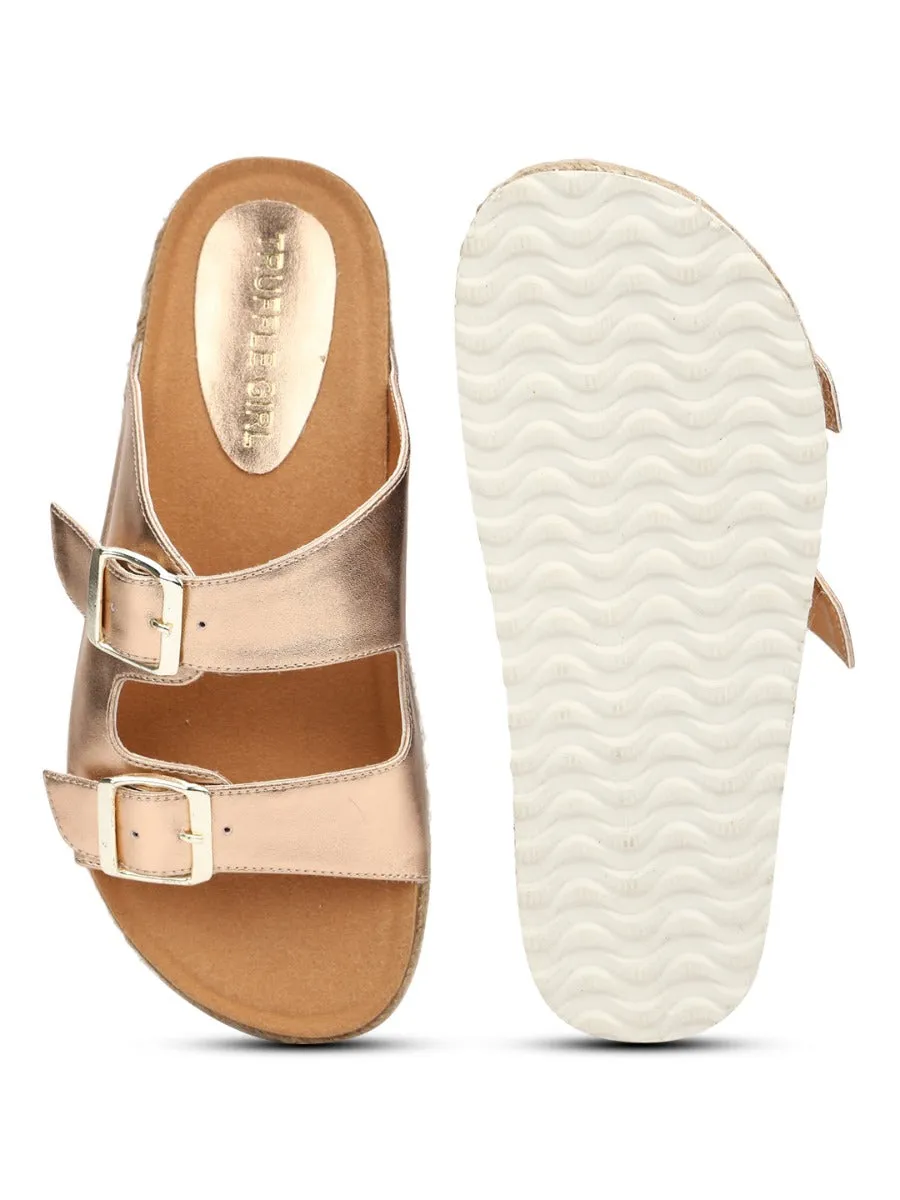 Rose Gold PU Side Buckle Wedges Espadrilles Sandals