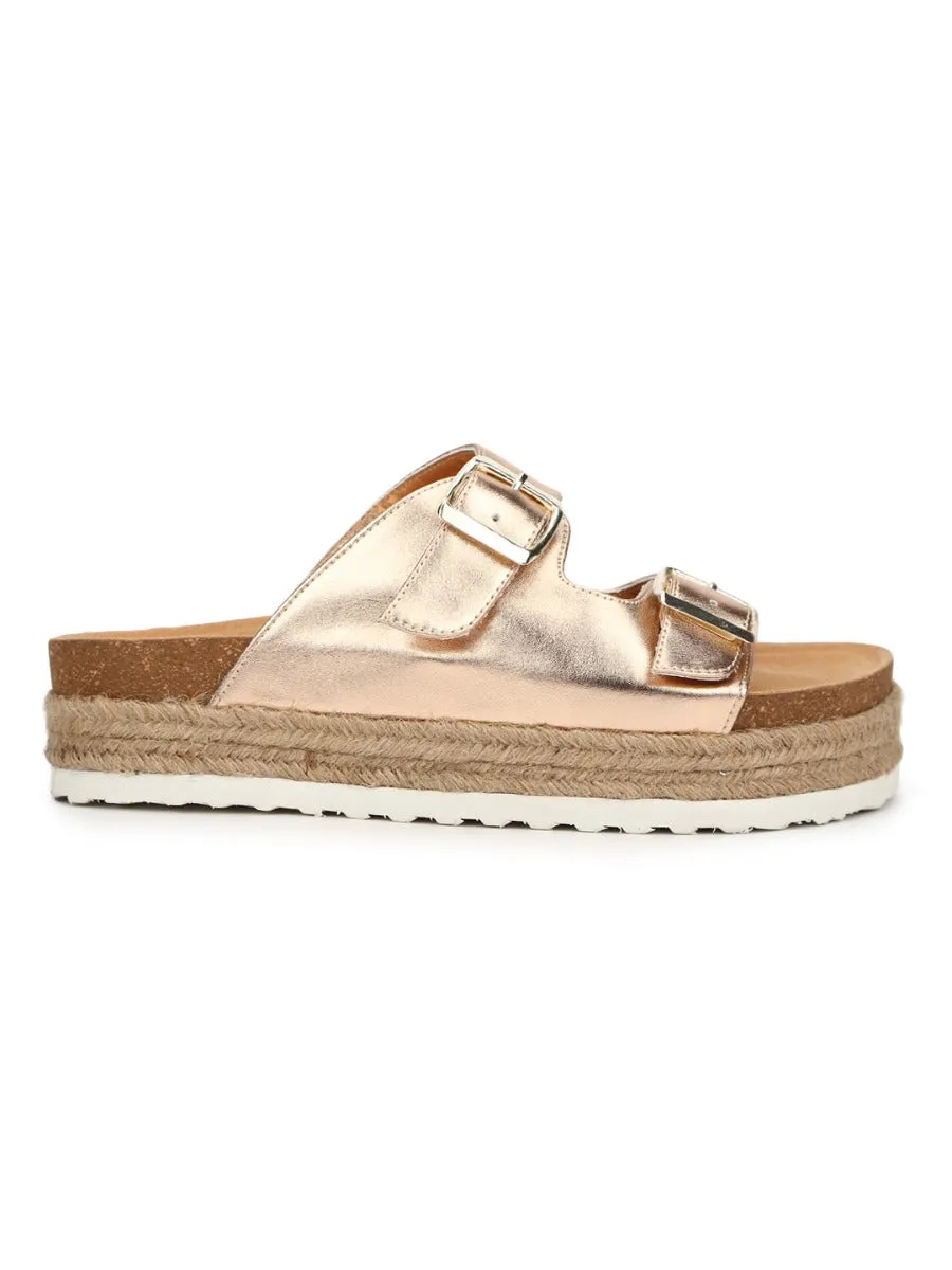 Rose Gold PU Side Buckle Wedges Espadrilles Sandals