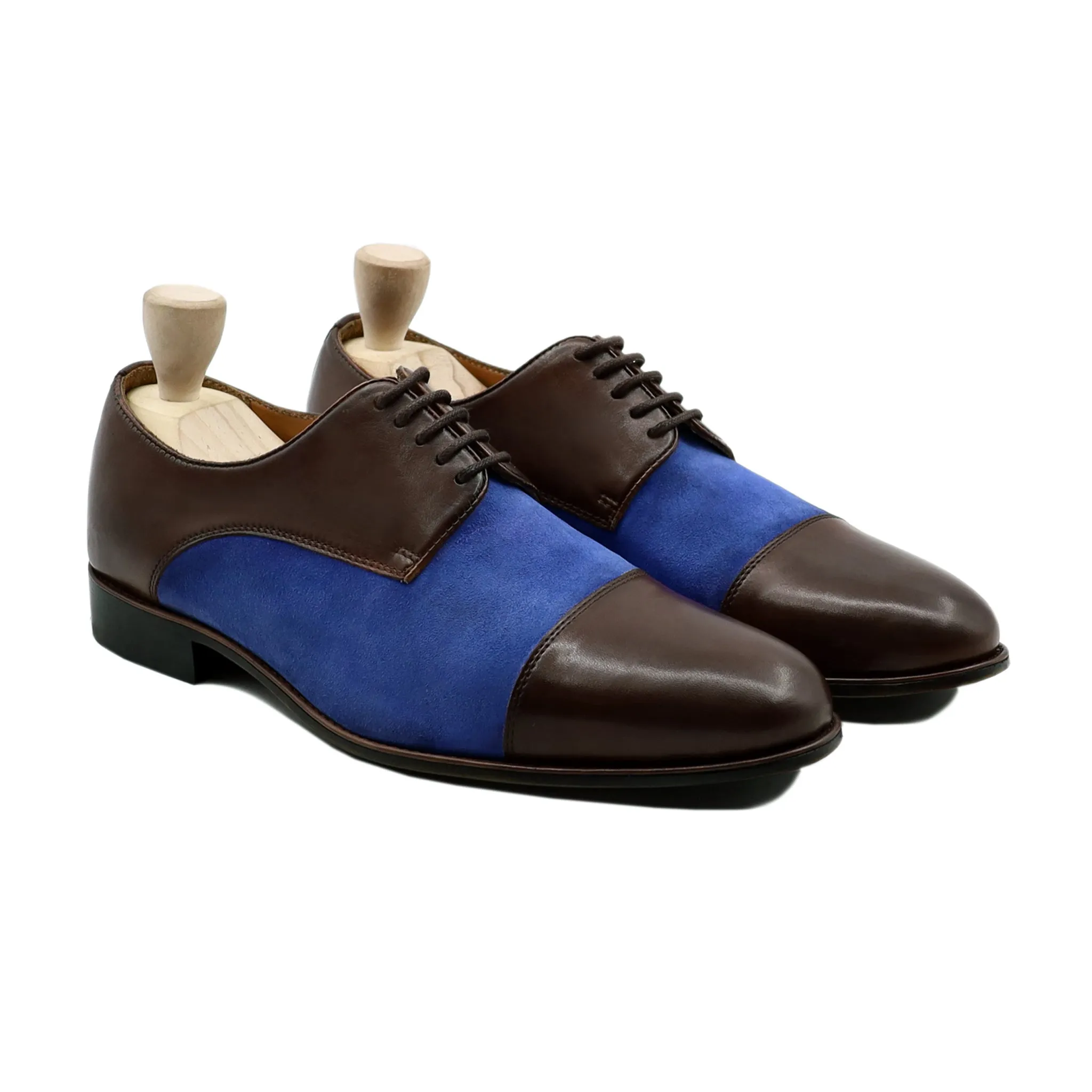 Rusal - Men's Dark Brown Calf and Light Blue Kid Suede Derby Shoe