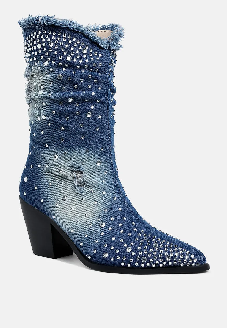 Savant Diamante & Rhinestones Denim Boots