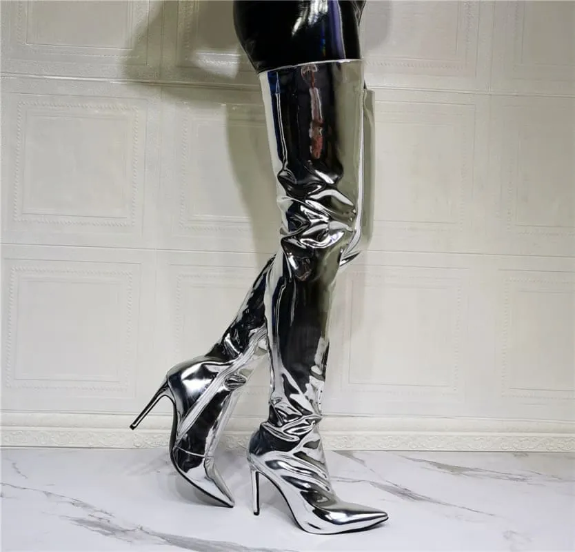 Shiny Silver Thigh High Unisex Boots with Pointed Toe and Stiletto Heel