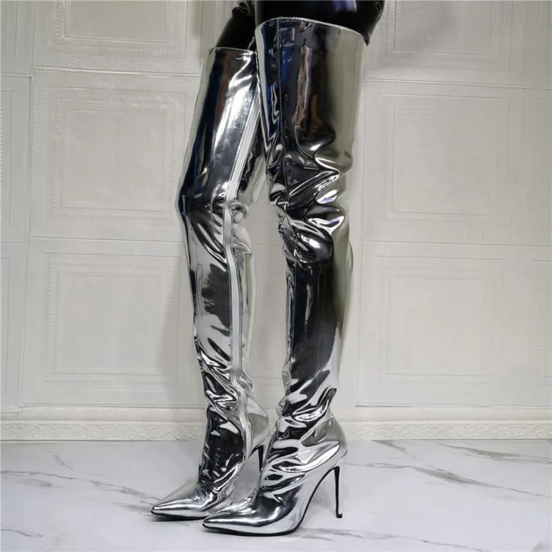 Shiny Silver Thigh High Unisex Boots with Pointed Toe and Stiletto Heel