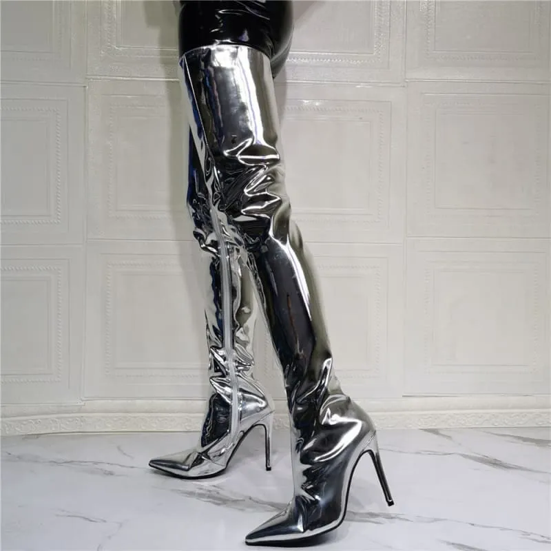 Shiny Silver Thigh High Unisex Boots with Pointed Toe and Stiletto Heel