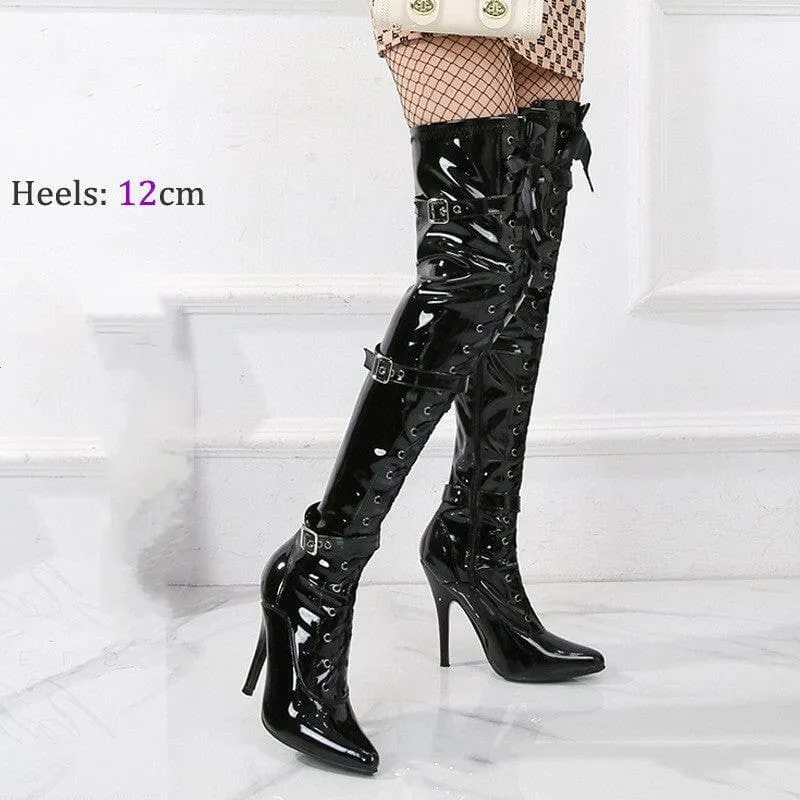 Unisex Patent Mirror Buckle Thigh-high Stiletto Boots in Black