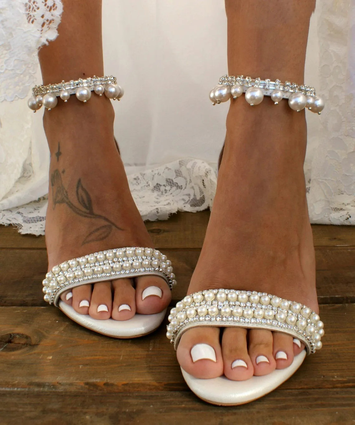 White diamante pearls wedding sandals with ankle strap