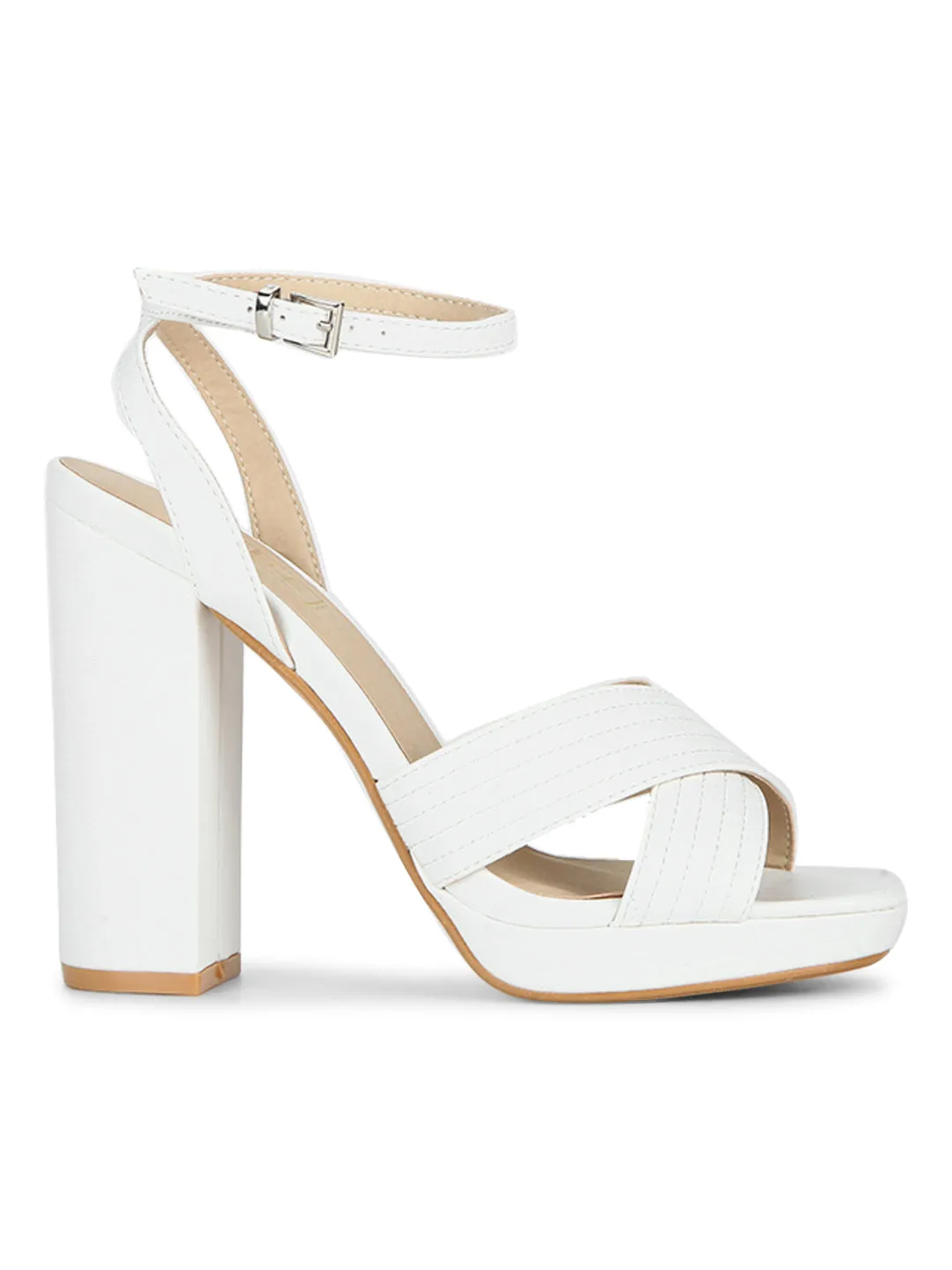 White PU Crossover Ankle Strap Block Heels