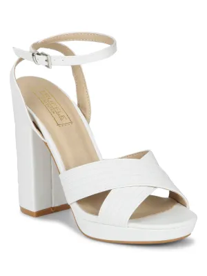 White PU Crossover Ankle Strap Block Heels