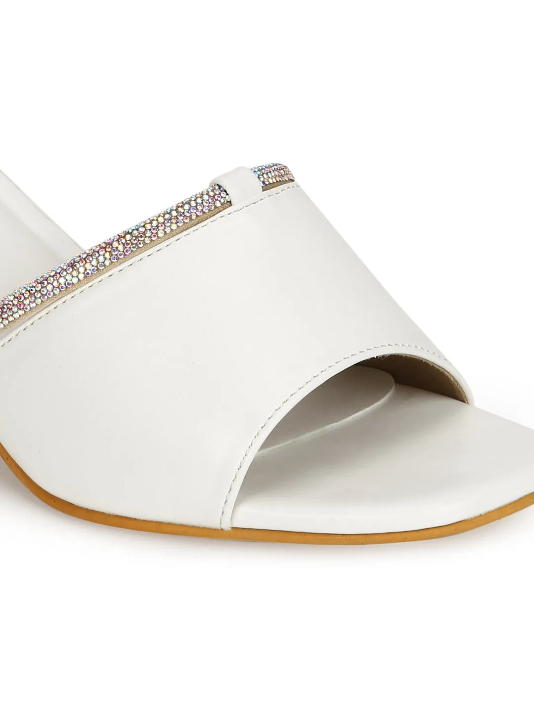 White PU Diamante Embellished Block Heel Mules (TC-SLC-N1117-WHT)