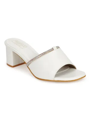 White PU Diamante Embellished Block Heel Mules (TC-SLC-N1117-WHT)