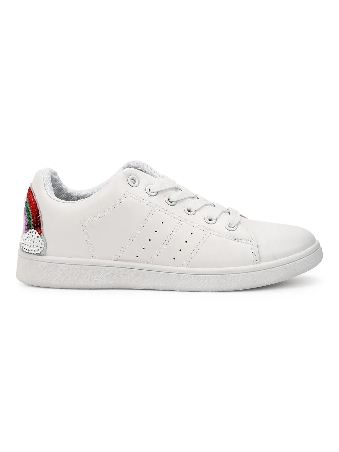 White PU Rainbow Lace-Up Sneakers