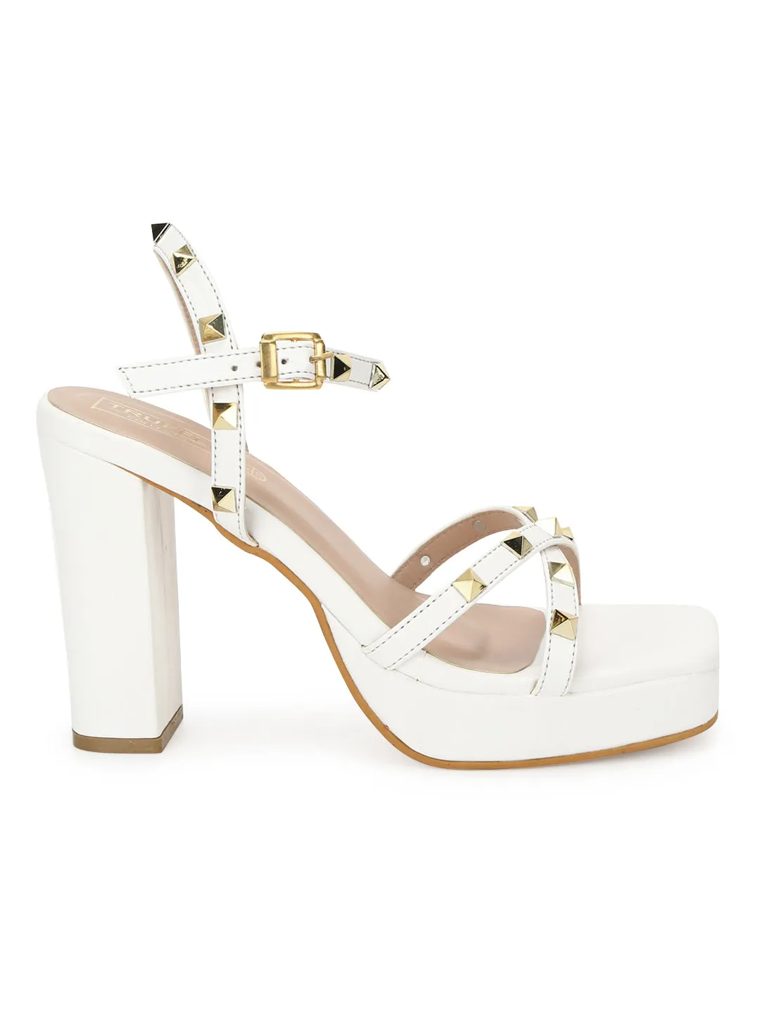 White PU Studded High Block Heels (TC-SLC-N1107-WHT)