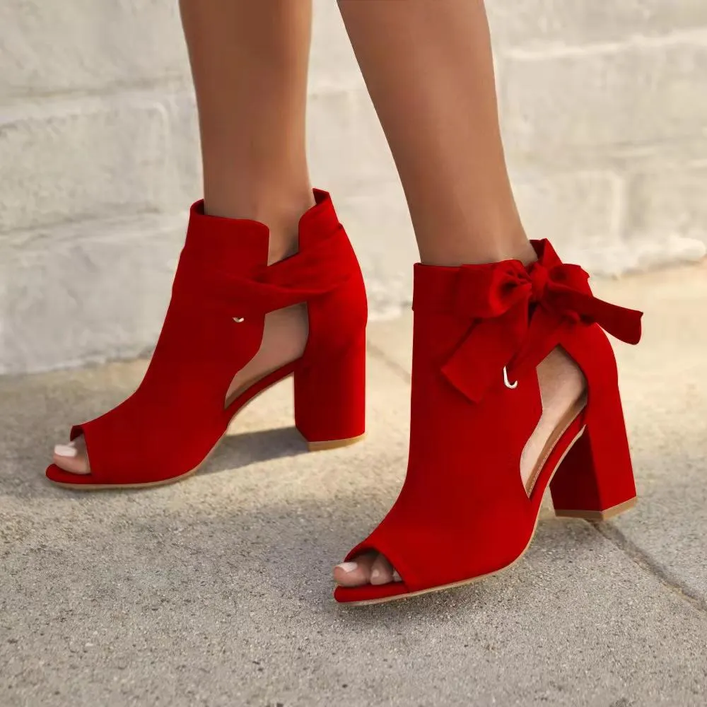 Women peep toe bowknot side hollow chunky heels