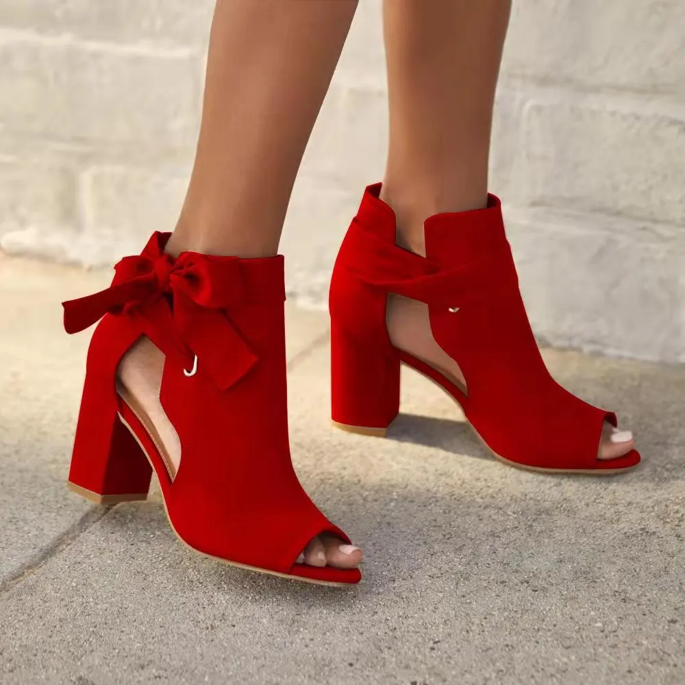 Women peep toe bowknot side hollow chunky heels