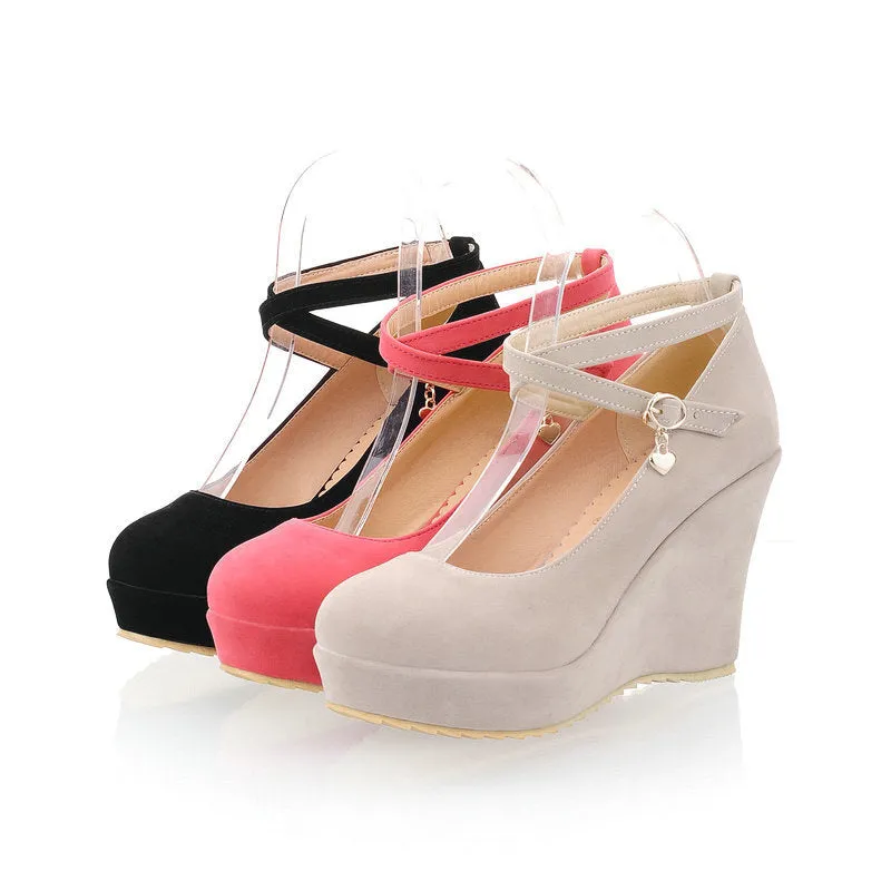 Women platform round closed toe criss cross buckle strap wedge heels