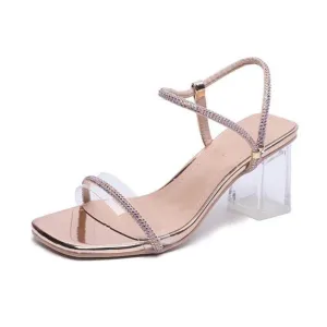 Women rhinestone strap summer slip on clear chunky heels