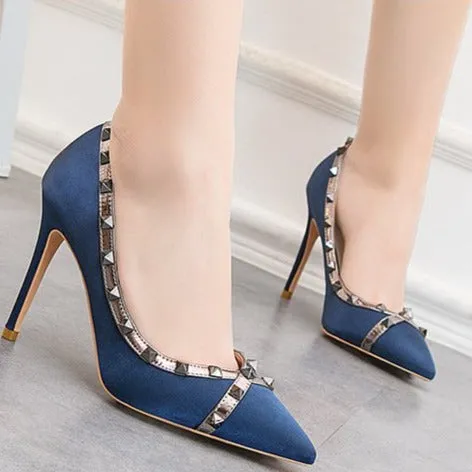 Women studded sequin pointed toe stiletto high heels