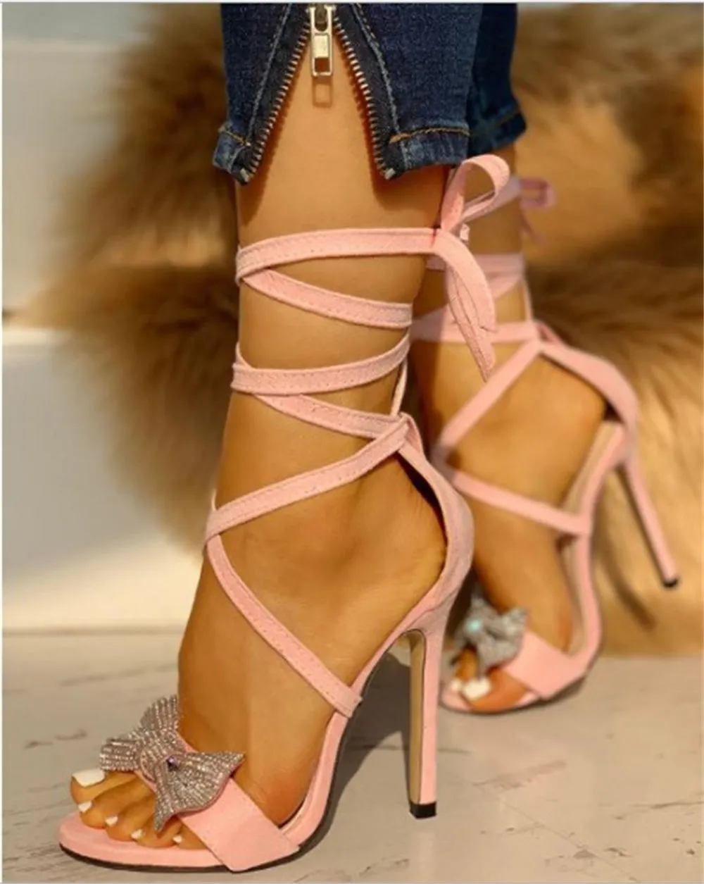 Women’s Super High Heel Rhinestone Sandals | Strappy Open-Toe Glamour